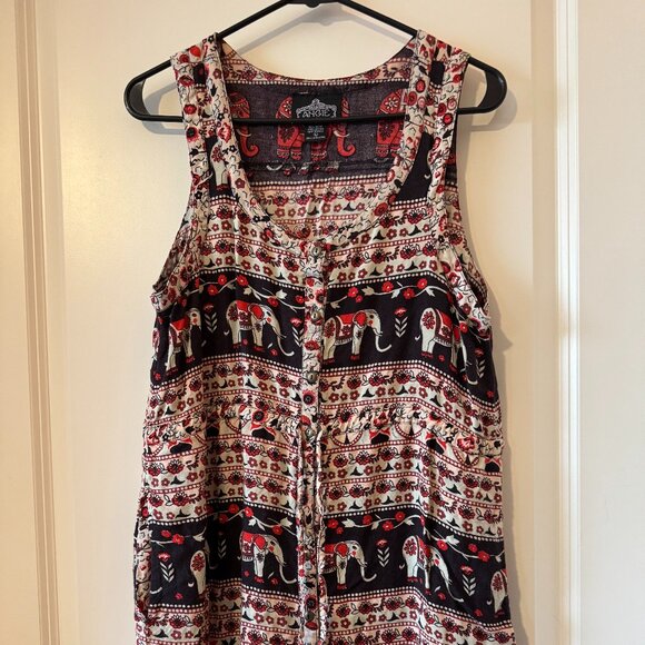 Angie Elephant Print Sleeveless Boho Dress Tunic – Size Large, 100% Rayon - Picture 1 of 3